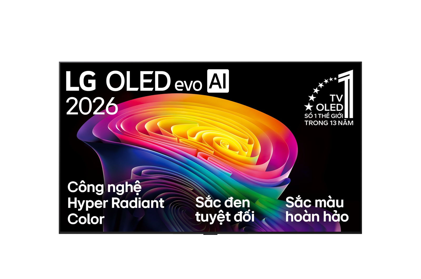 The front view of the LG OLED evo AI C6, released in 2026, displays an image of layered, multicolored forms, featuring Hyper Radiant Color Tech, Perfect Black & Perfect Color, along with the World’s No.1 OLED TV for 13 Years badge.